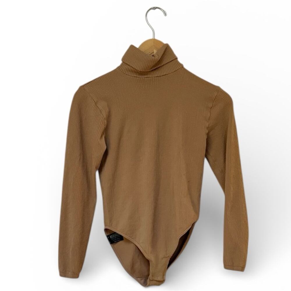 Wolford Colorado Camel Tan Cotton Velvet Ribbed Turtleneck Bodysuit M